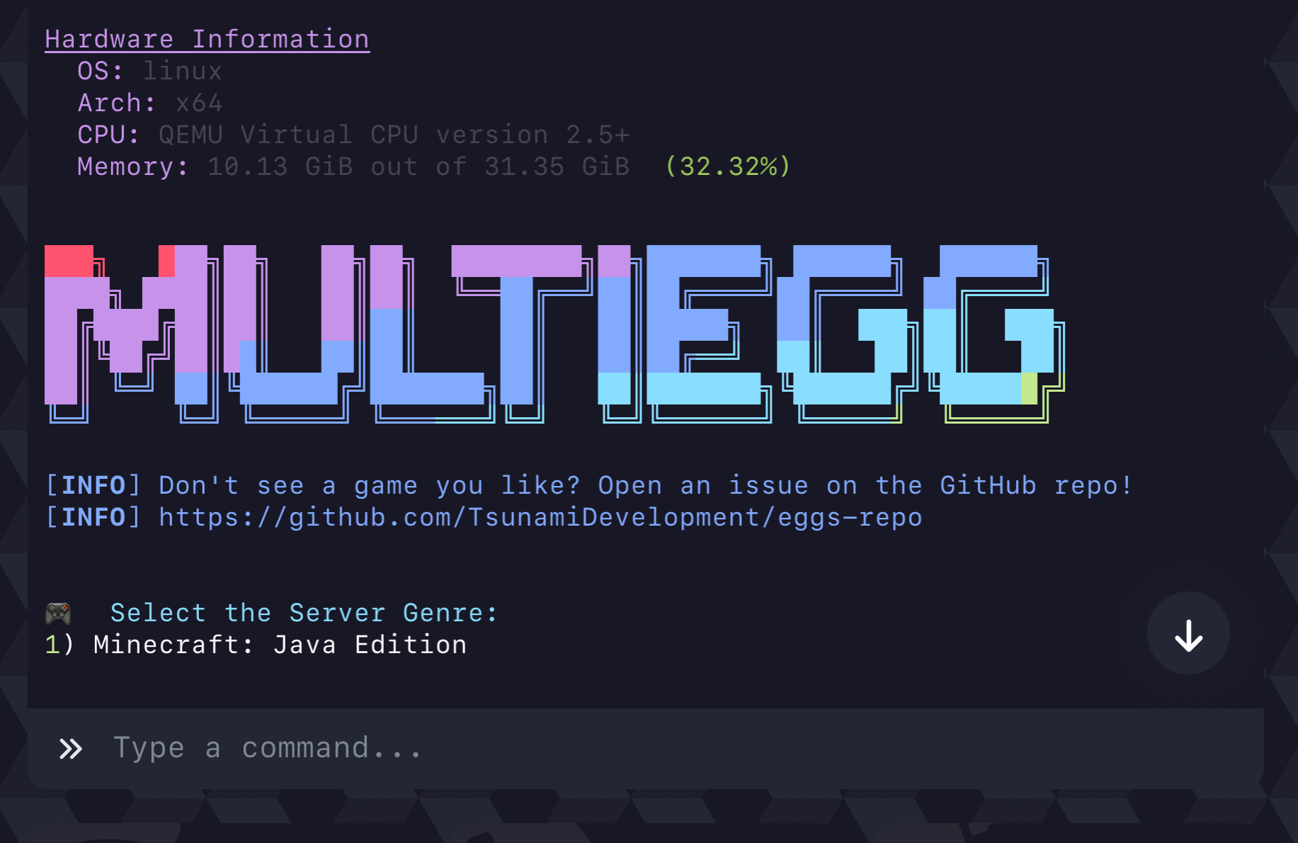 Screenshot photo of MultiEgg in Pterodactyl.io console.